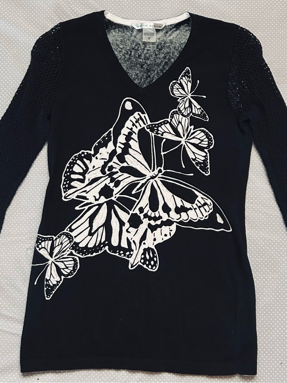 Peter Nygard Black V‑Neck Tunic with White Butterfly Motif with 3/4 Sleeves